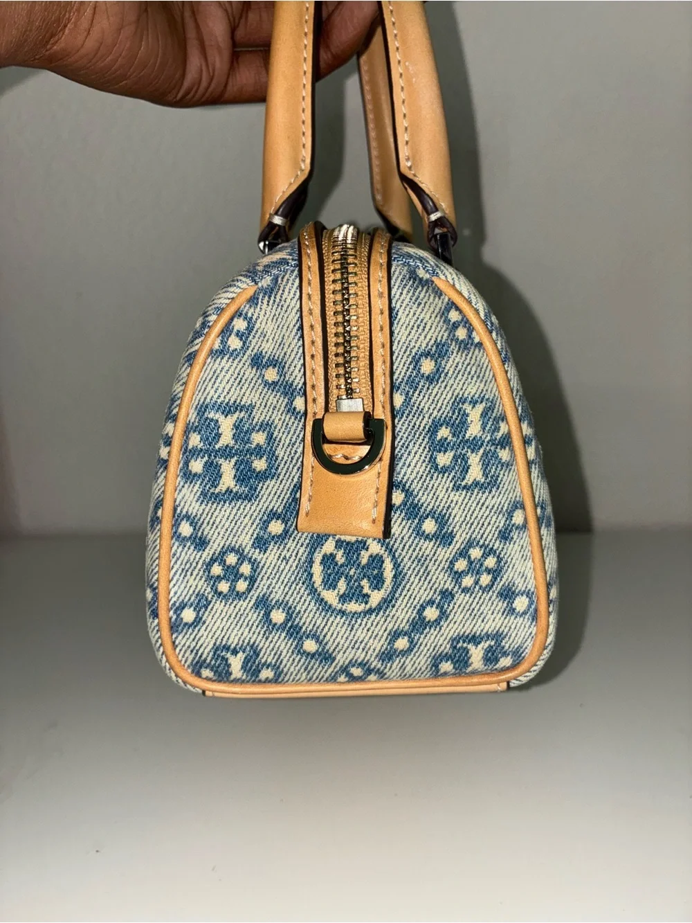 Tory Burch Blue Monogram Denim Mini Satchel with Tan Handles